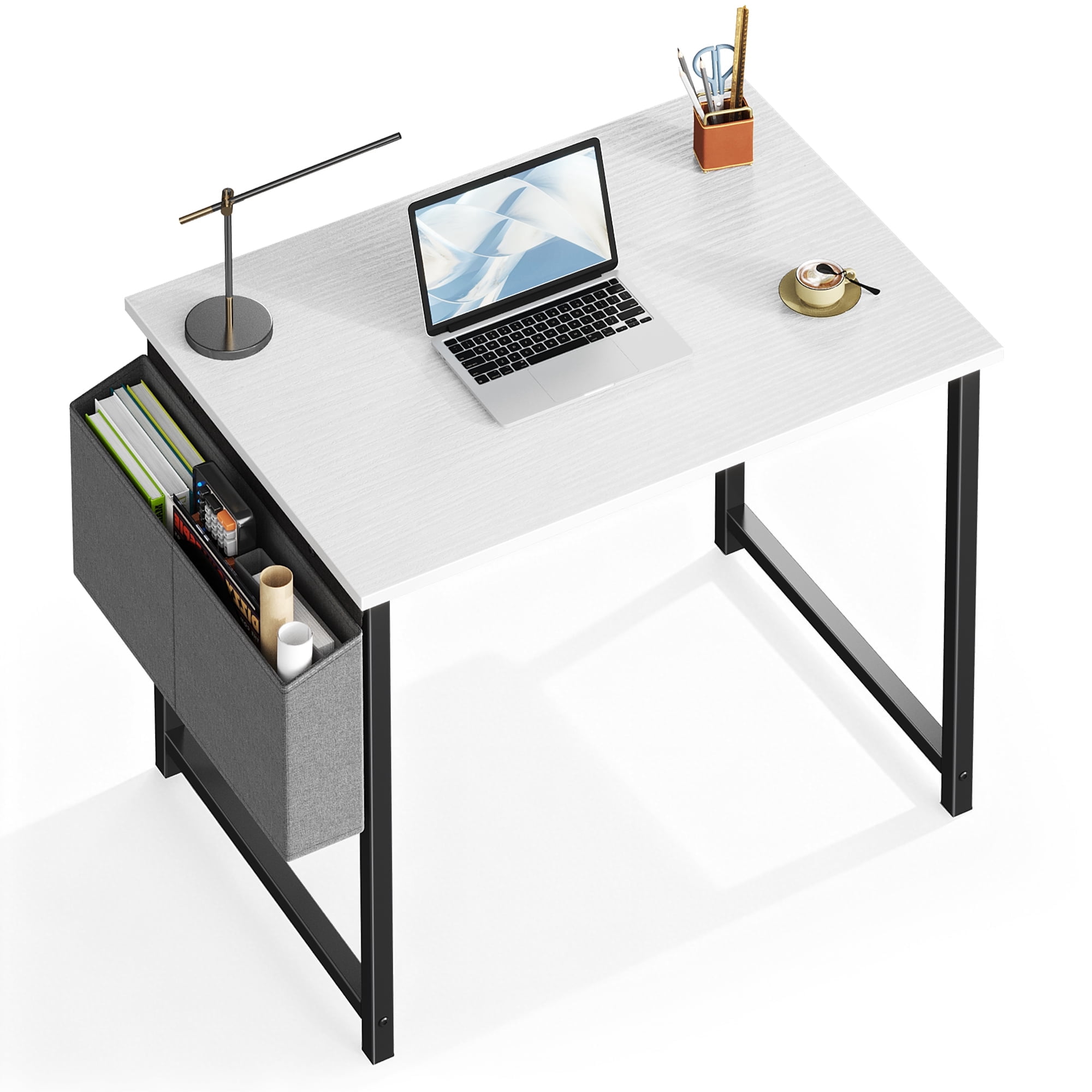 JIOABL 31 inch Computer Desk with Metal Frame and Storage Pouch, Fixed Leg Study Table for Bedroom Office, White