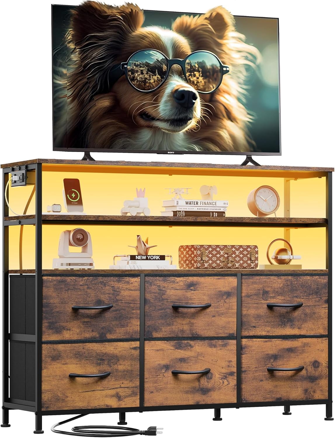 MCQ 39-inch TV Stand for up to 45 inch TVs, Entertainment Center with RGB LED Lights & Charging Station, Media Console with 6 Fabric Drawers, Black