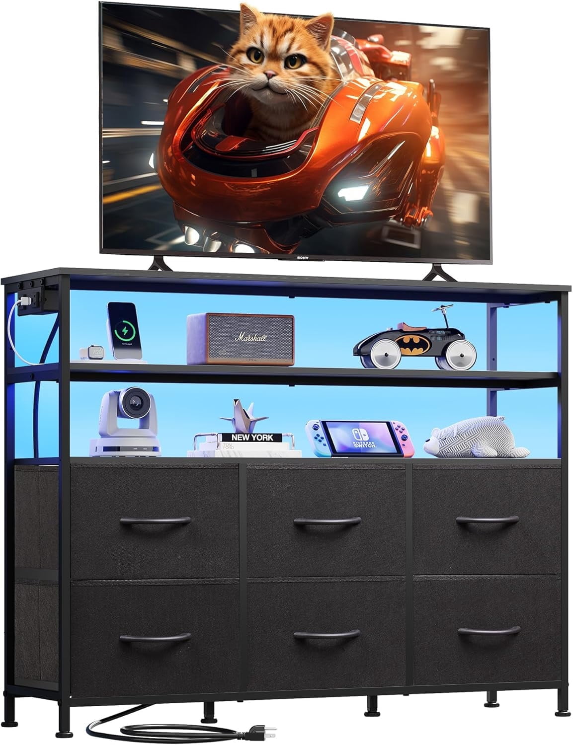MCQ 39-inch TV Stand for up to 45 inch TVs, Entertainment Center with RGB LED Lights & Charging Station, Media Console with 6 Fabric Drawers, Black