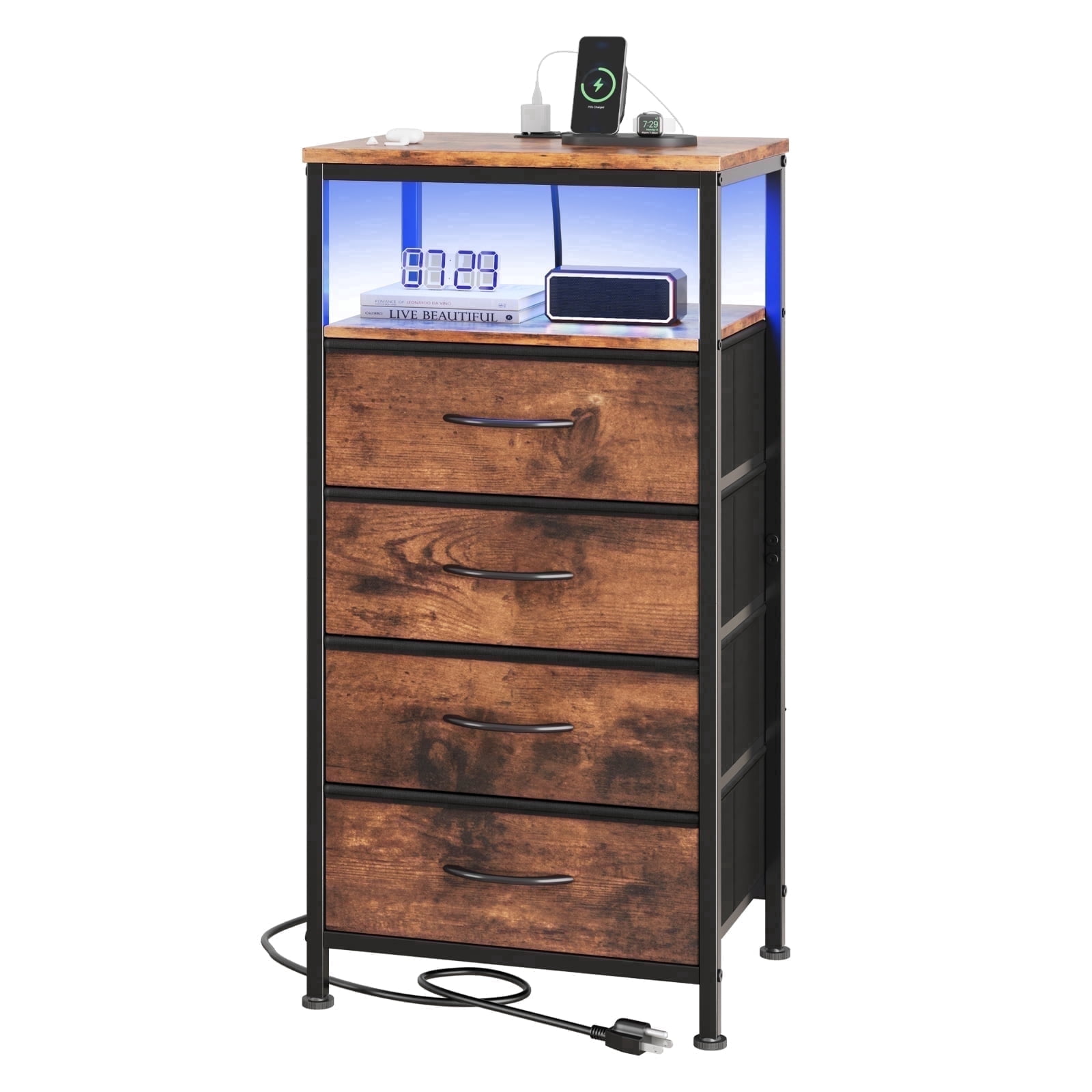 JIOABL 4 Drawer Nightstand with USB & Type-C Charging, Fabric Drawers, Metal Frame, Rustic Brown