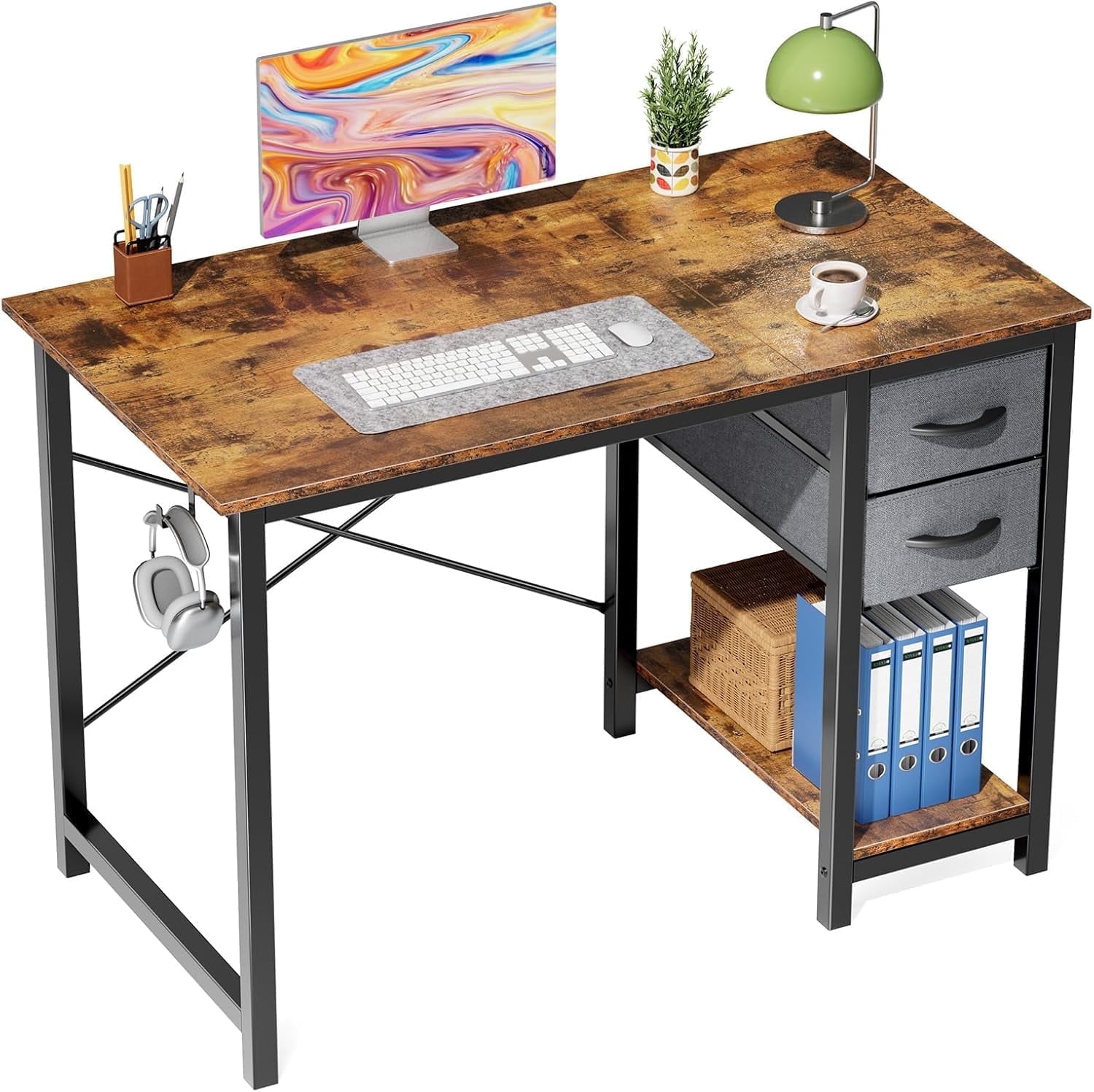 MCQ 40 inch Desk with Drawers, Home Office Computer Table with x-Shaped Frame and Side Hook, Rust