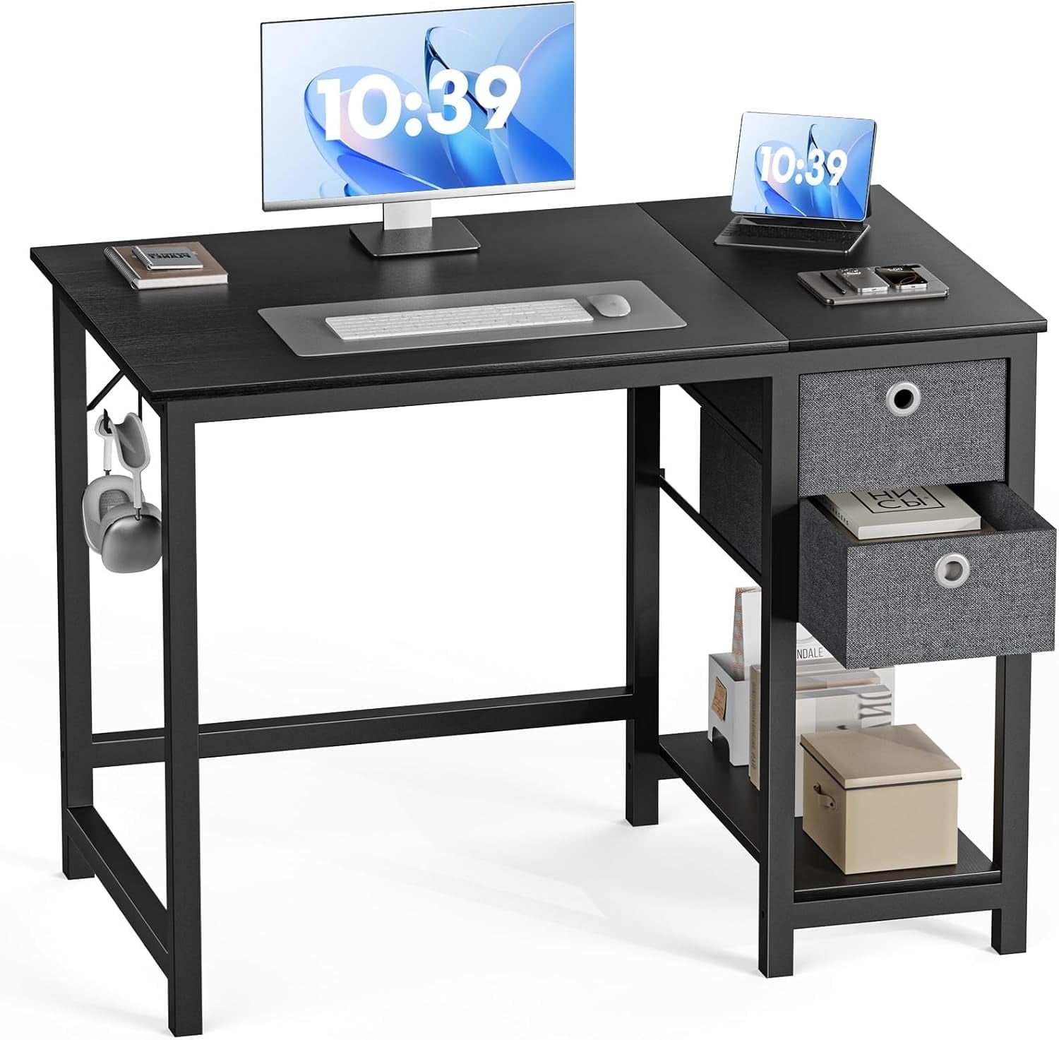 MCQ 40 Inch Computer Desk with Drawers for Home Office, Writing Desk with X-Shaped Reinforcement, Wood Table with Adjustable Position Drawers, Modern Study Work Table with Side Hook, Black Wood