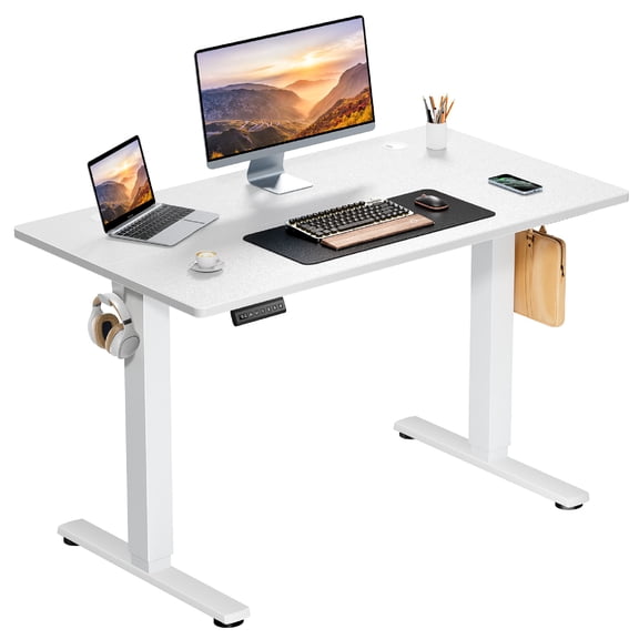 MCQ 40x24 Inch Electric Standing Desk, Ergonomic Rising Modern Lift Motorized Gaming Desktop Workstation for Work Home Office, Height Adjustable, White