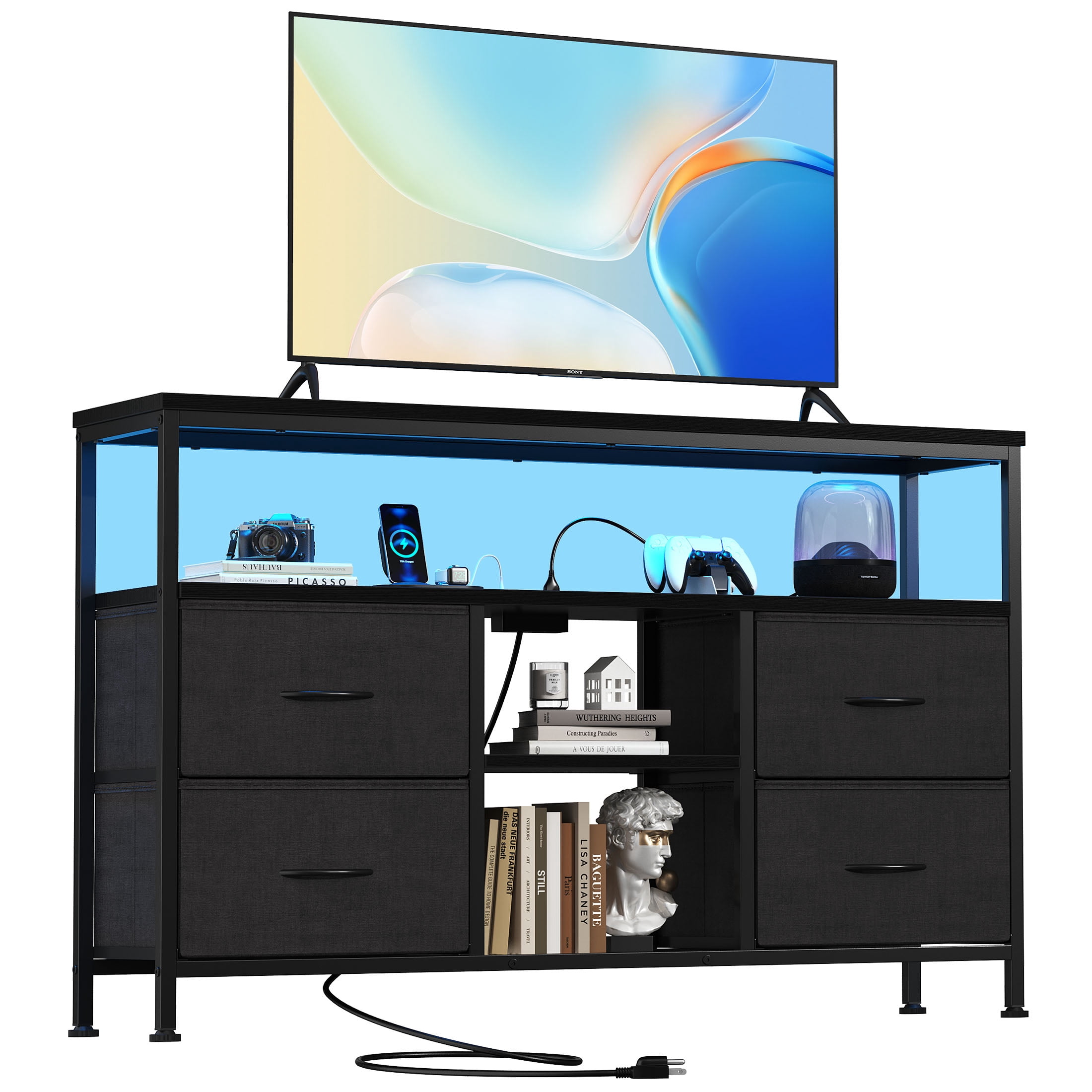 MCQ 43" TV Stand with 4 Fabric Drawers, Built-in Outlet - Perfect for Living Room and Bedroom, Black