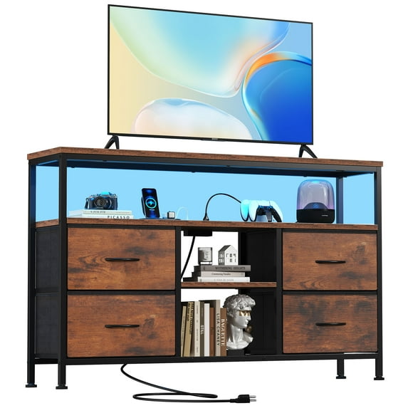 MCQ 43" TV Stand with 4 Fabric Drawers, Built-in Outlet - Perfect for Living Room and Bedroom, Rust