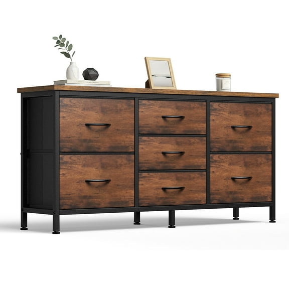 MCQ 7-Drawer Fabric Dresser for Adults, 47-inch TV Stand for Most 43 to 55 inch TVs, Wide Storage Chest with Metal Frame, Rust