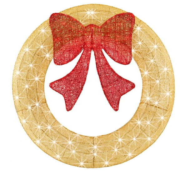 MCQ 48in Pre-Lit Outdoor Christmas Wreath Decoration, LED Metal Holiday Decor for Home with 140 Lights, Gold