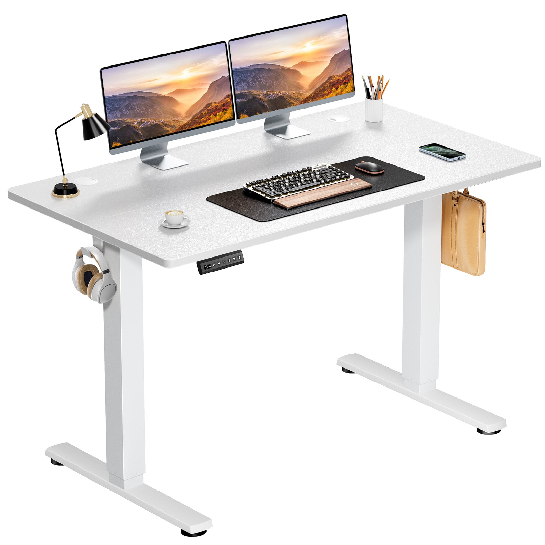 MCQ 48x24 Inch Electric Standing Desk, Ergonomic Rising Modern Lift Motorized Gaming Desktop Workstation, For Work Home Office, Height Adjustable, White