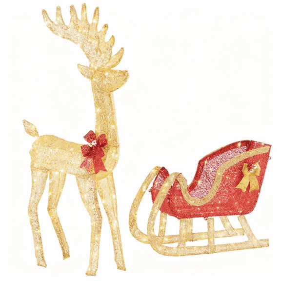 MCQ 4ft Lighted Reindeer with Sleigh, 180 LED Outdoor Christmas Yard Decoration for Holiday, Red Gold