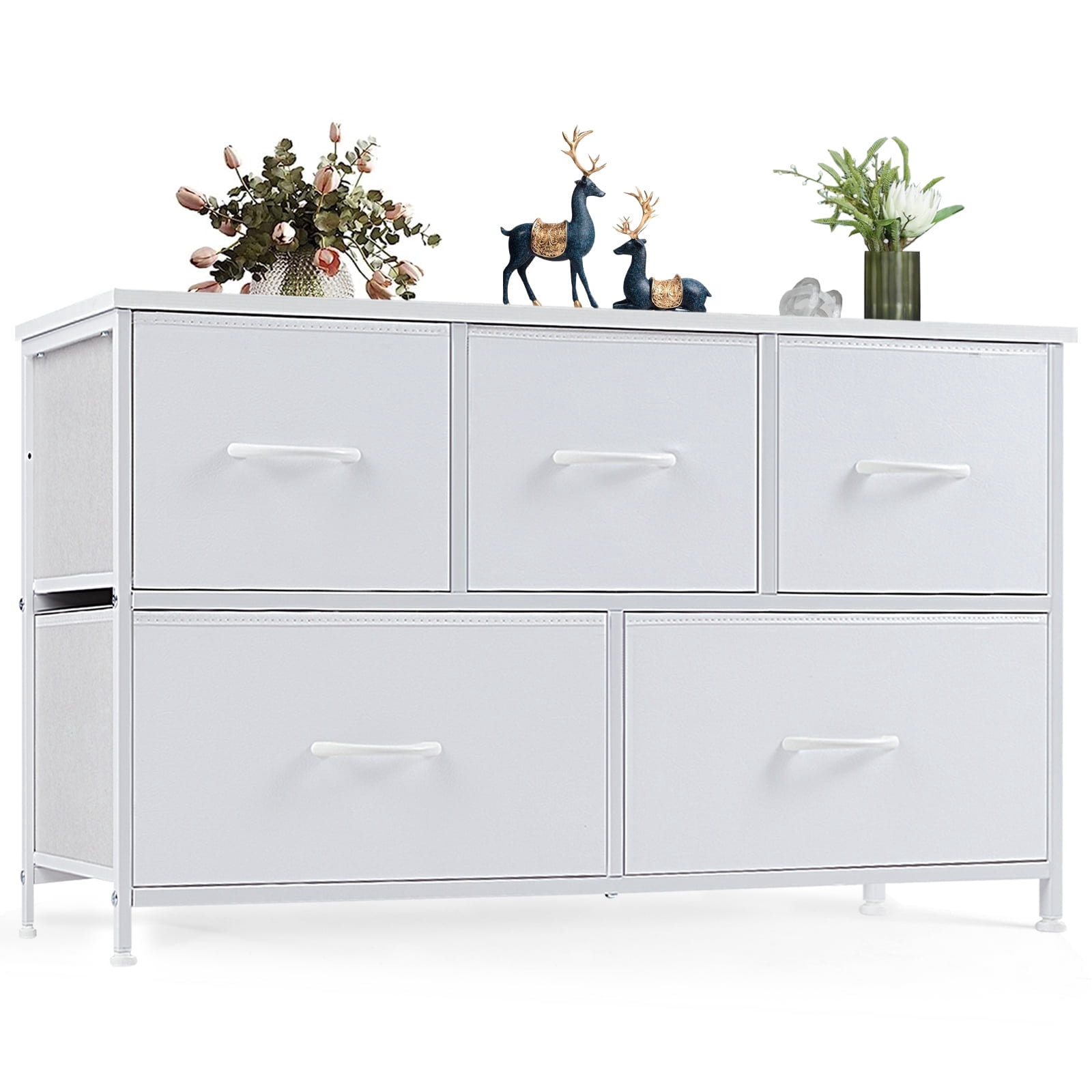 MCQ 5-Drawer Fabric Dresser with Metal Frame & Wood Top Storage Organizer for Bedroom, Closet, Entryway, White MCQ 5-Drawer Fabric Dresser with Metal Frame & Wood Top Storage Organizer for Bedroom, Closet, Entryway, White