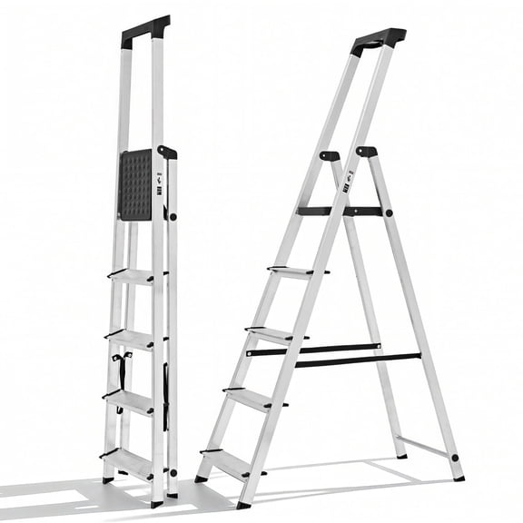 JJIOABL 5-Step Aluminum Folding Ladder, 330 lbs Capacity with Wide Non-Slip Steps, Steel Platform, Slim Fold Design