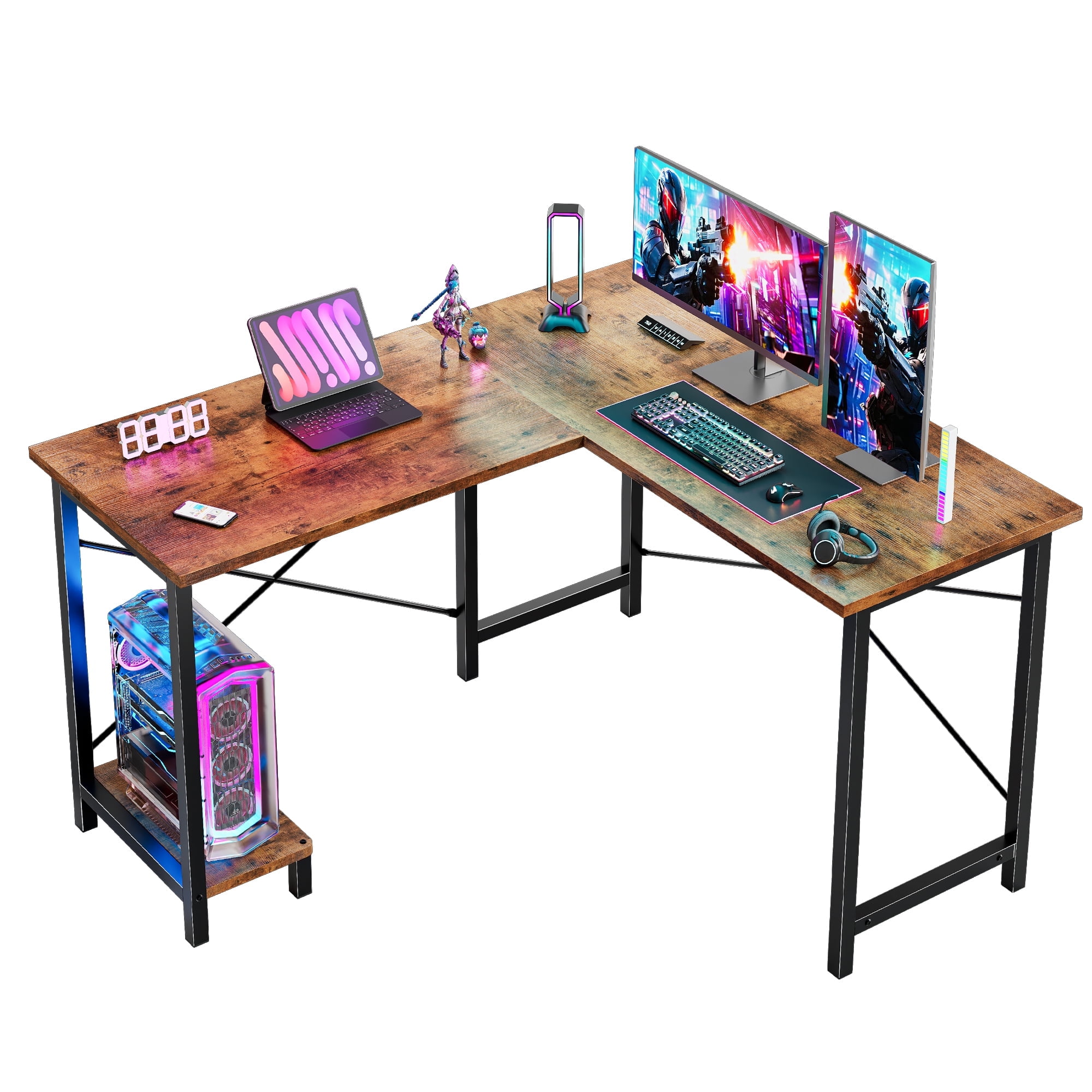 JIOABL 50" L-Shaped Corner Gaming Desk with Reversible CPU Stand, Waterproof Desktop & Metal Frame, Rustic Brown