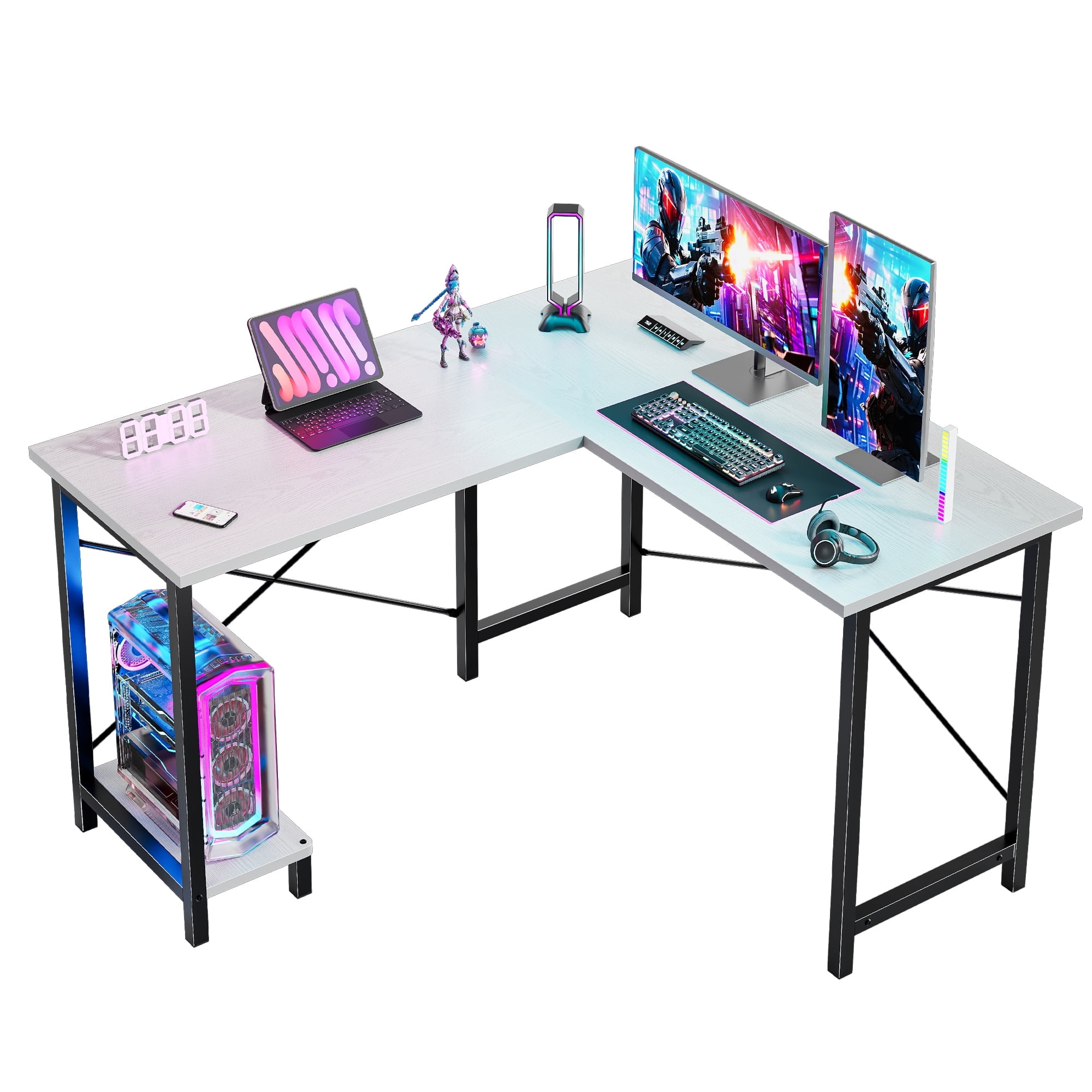 JIOABL 50" L-Shaped Corner Gaming Desk with Reversible CPU Stand, Waterproof Desktop & Metal Frame, White