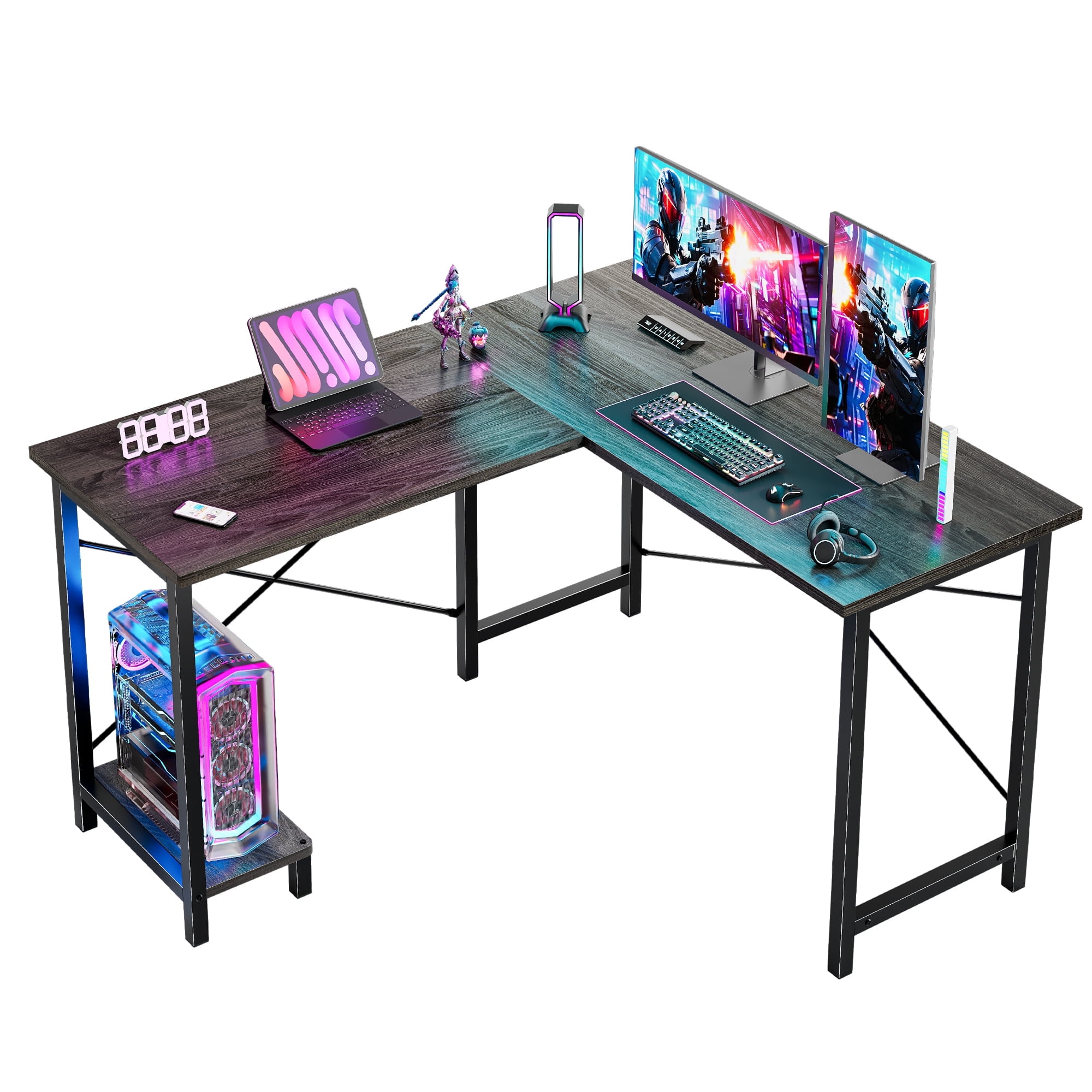 JIOABL 50" L-Shaped Corner Gaming Desk with Reversible CPU Stand, Waterproof Desktop & Metal Frame, Wood Gray