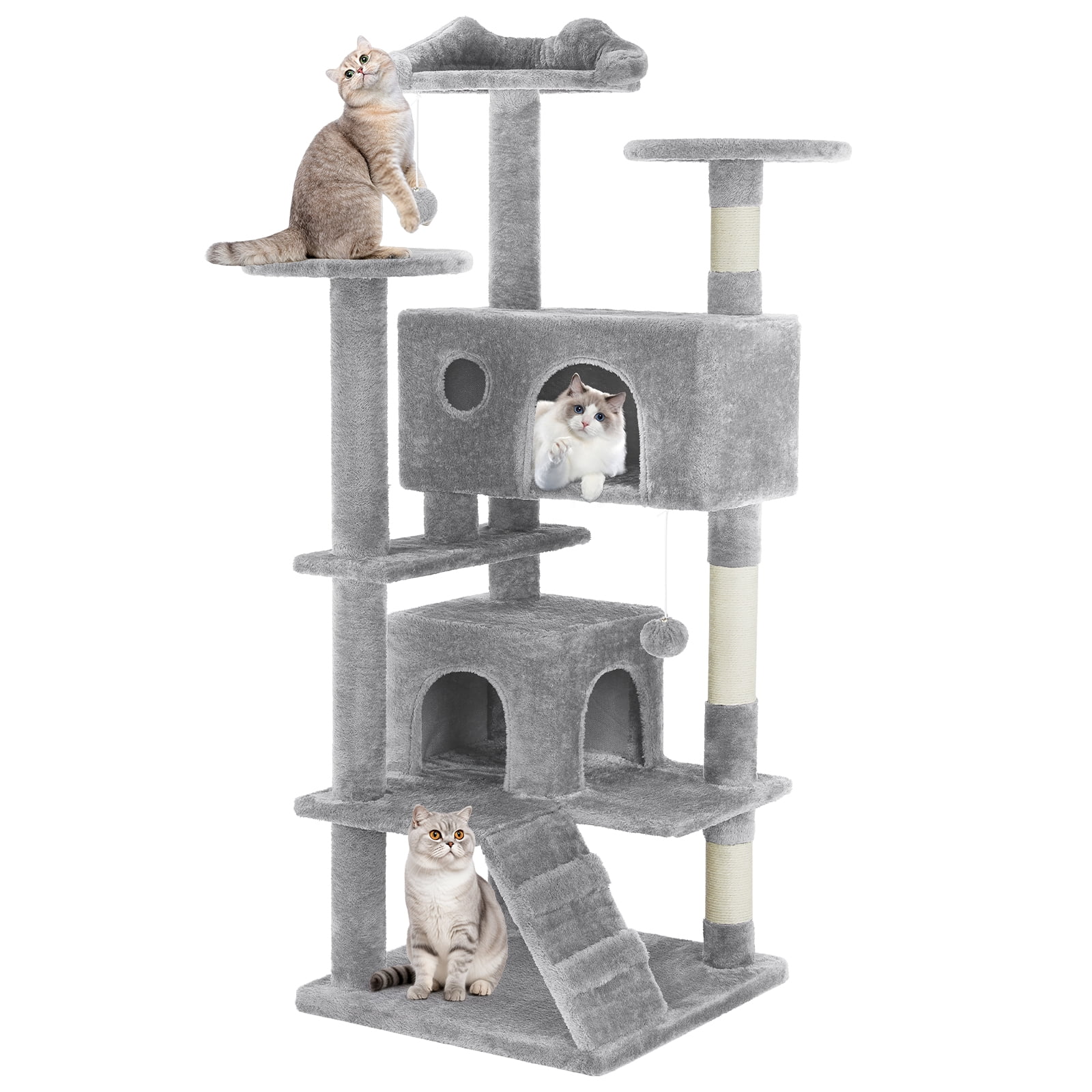 MCQ 54" Cat Tree Tower Multi-level with Scratching Post, Large Condo for Indoor, Light Gray