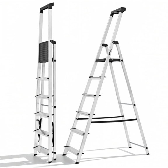 JIOABL 6-Step Aluminum Folding Ladder, 330 lbs Capacity with Wide Non-Slip Steps, Steel Platform, Slim Fold Design