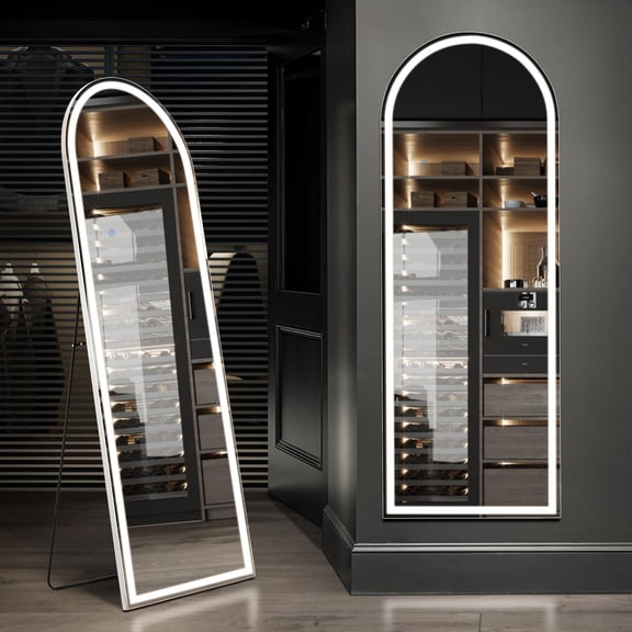 JIOABL 60"x 16" Arched Full Length Mirror with LED Lights, Lighted Floor Mirror with Stand, 3 Color Lighting For Bedroom Dressing Room Cloakroom, White