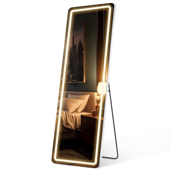 JIOABL 60"x 16" Rectangle Full Length Mirror with LED Lights, Lighted Floor Mirror with Stand, 3 Color Lighting For Bedroom Dressing Room Cloakroom, White