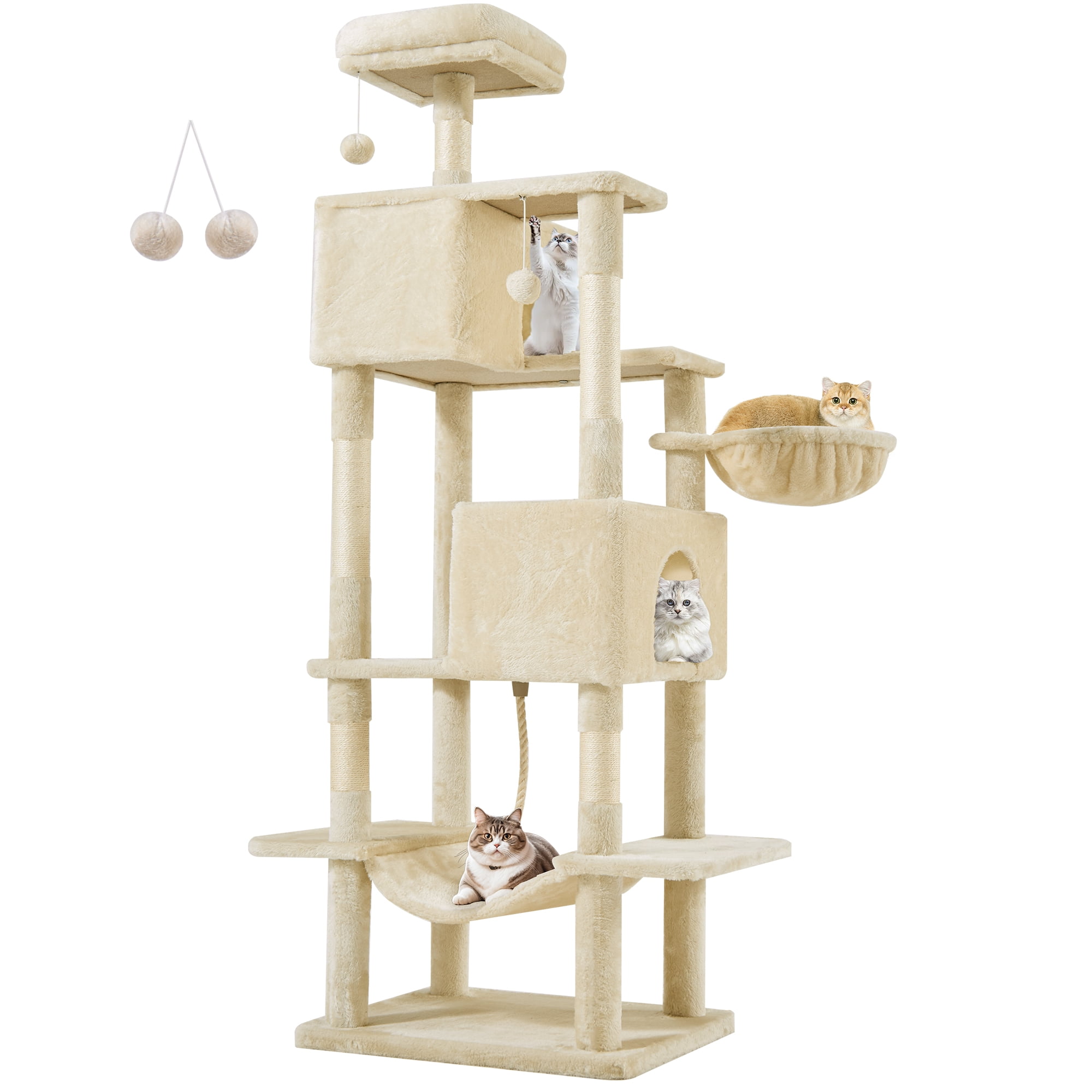 JIOABL 66" Multi-Level Cat Tree Tower with Hammock, Large Condo, Climbing Plates, Plush Toy, Kitty Playing House, Beige