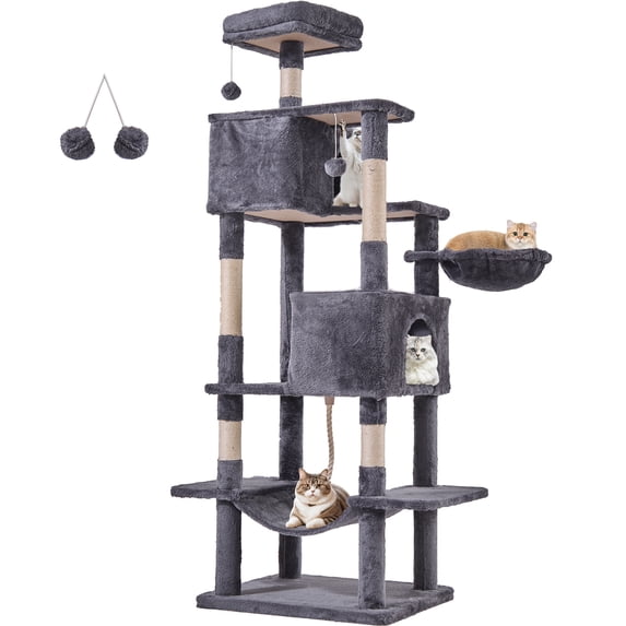 JIOABL 66" Multi-Level Cat Tree Tower with Hammock, Large Condo, Climbing Plates, Plush Toy, Kitty Playing House, Dark Gray