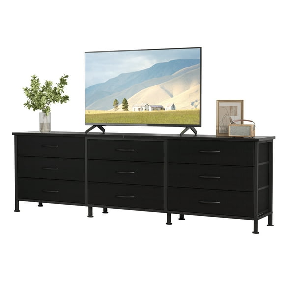 MCQ 66 inch Wide TV Stand Dresser, 9-Drawer Storage Cabinet for 75 inch TV, Entertainment Center with Wood Top for Living Room, Black