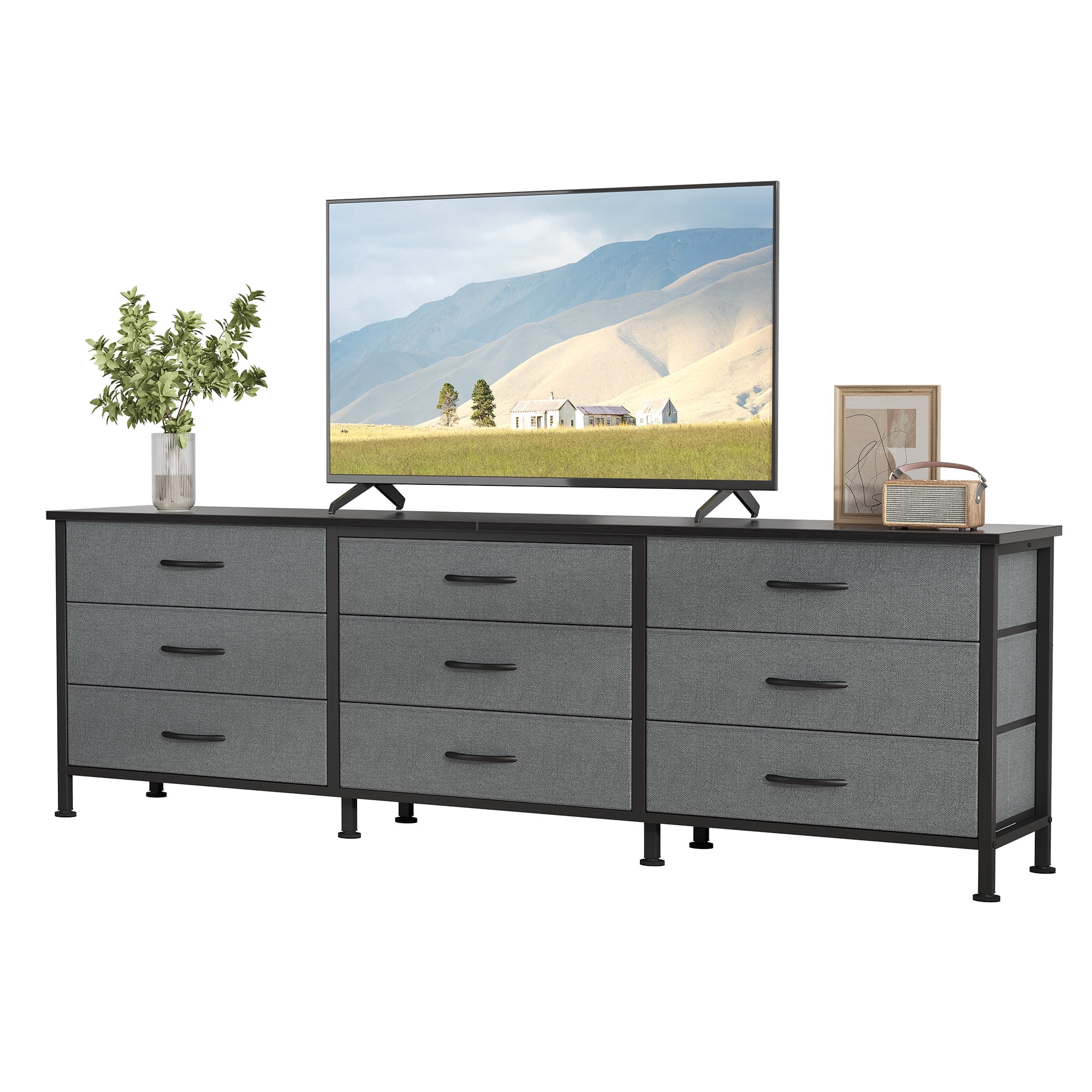 JIOABL 66 inch Wide TV Stand Dresser, 9-Drawer Storage Cabinet for 75 inch TV, Entertainment Center with Wood Top for Living Room, Grey