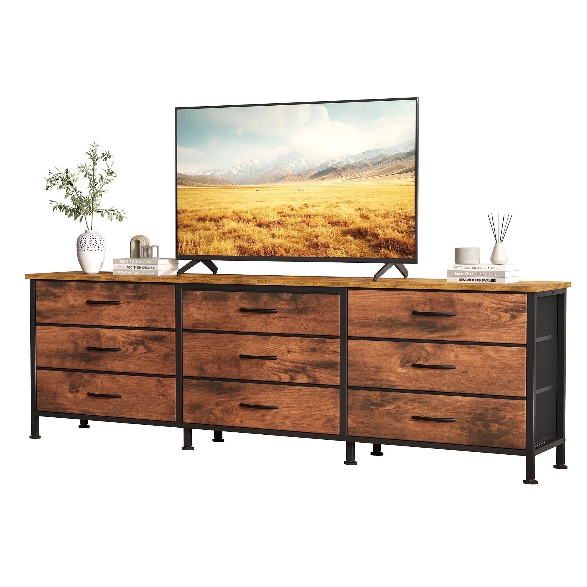 JIOABL 66 inch Wide TV Stand Dresser, 9-Drawer Storage Cabinet for 75 inch TV, Entertainment Center with Wood Top for Living Room, Rust