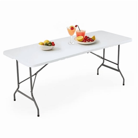 MCQ 6FT Plastic Folding Table Metal Frame with Handles for Home Outdoor Patio Party, Backyard, White