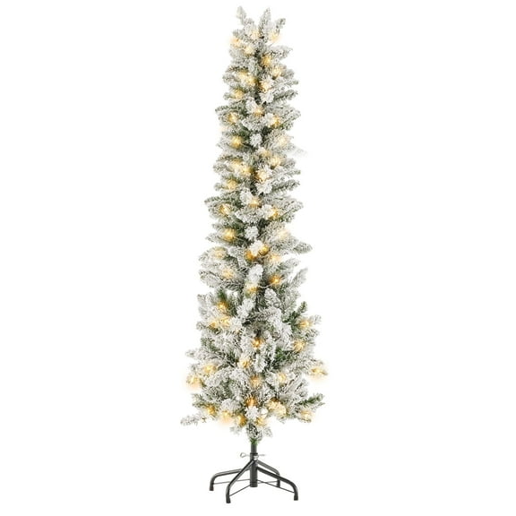 MCQ 7.5FT Flocked Pencil Christmas Tree - Festive Pre-Lit Artificial Decor with Durable Metal Base and lighted