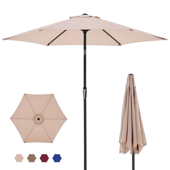 MCQ 7.5ft Outdoor Patio Umbrella with Push Button Tilt & Crank, 6-Rib Design, UV15+ Waterproof Fabric, Beige