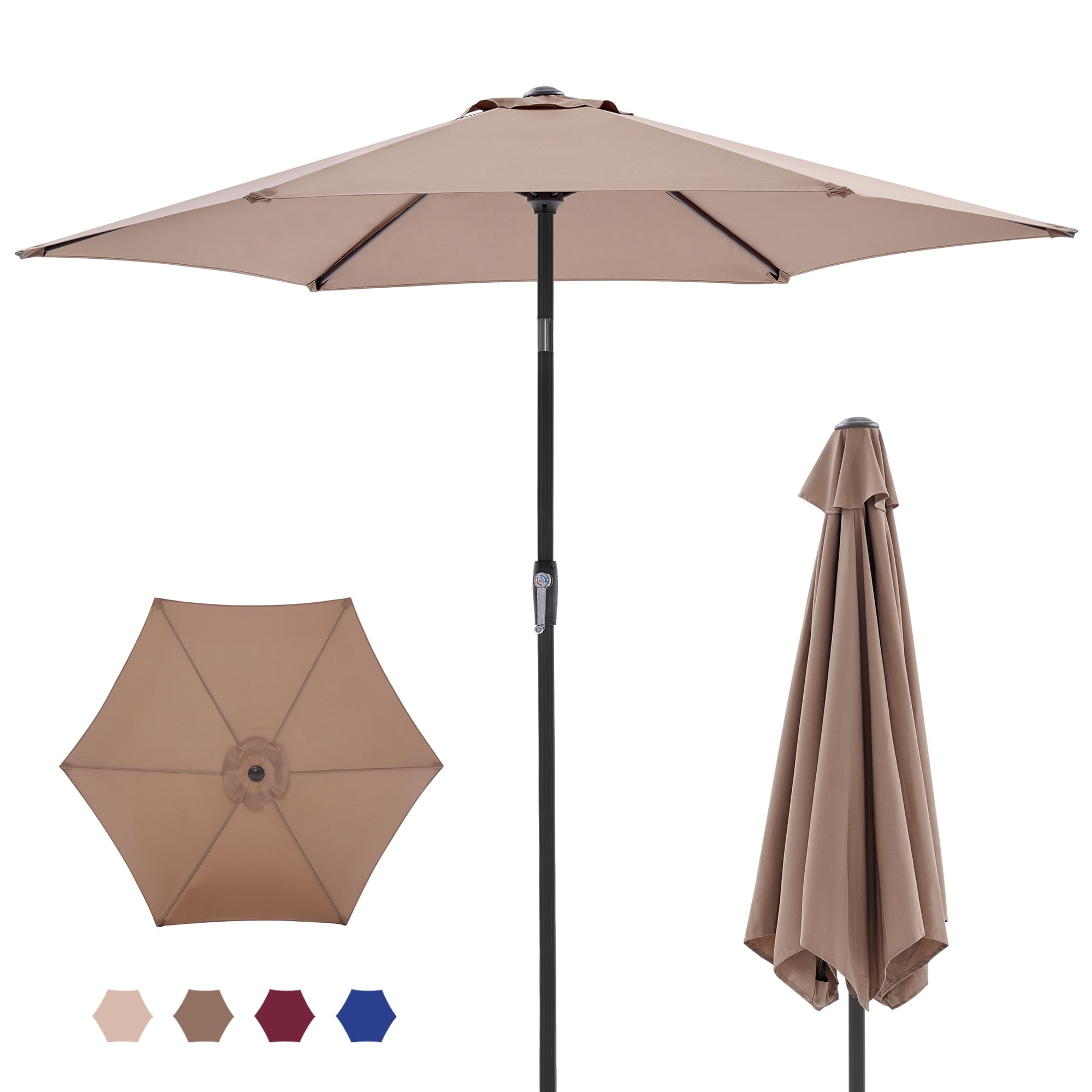 MCQ 7.5ft Outdoor Patio Umbrella with Push Button Tilt & Crank, 6-Rib Design, UV15+ Waterproof Fabric, Brown