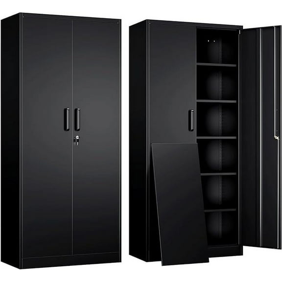 MCQ 71-inch Metal Storage Cabinet with 5 Adjustable Shelves, 2-Door Lockable Steel Cabinet for Garage, Office, Home, 180 lbs Shelf Capacity, Black