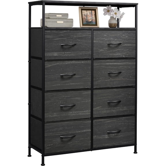 MCQ 8-Drawer Fabric Dresser with Open Shelf, 45.9-inch Tall Storage Cabinet for Bedroom Closet Organization, Black Wood
