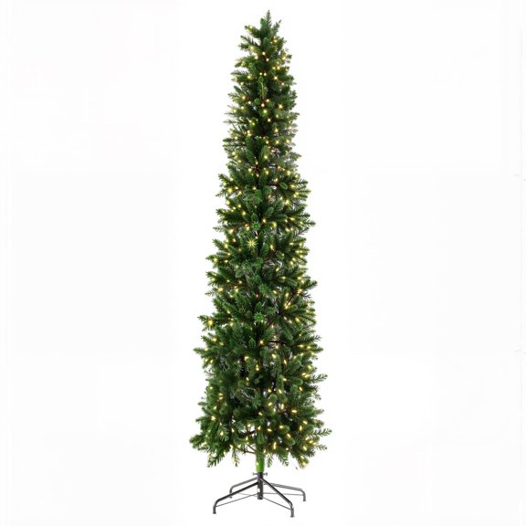 MCQ 9-Foot Pre-Lit Fraser Fir Pencil Artificial Christmas Tree, Offering 8 Warm Light Modes, Green