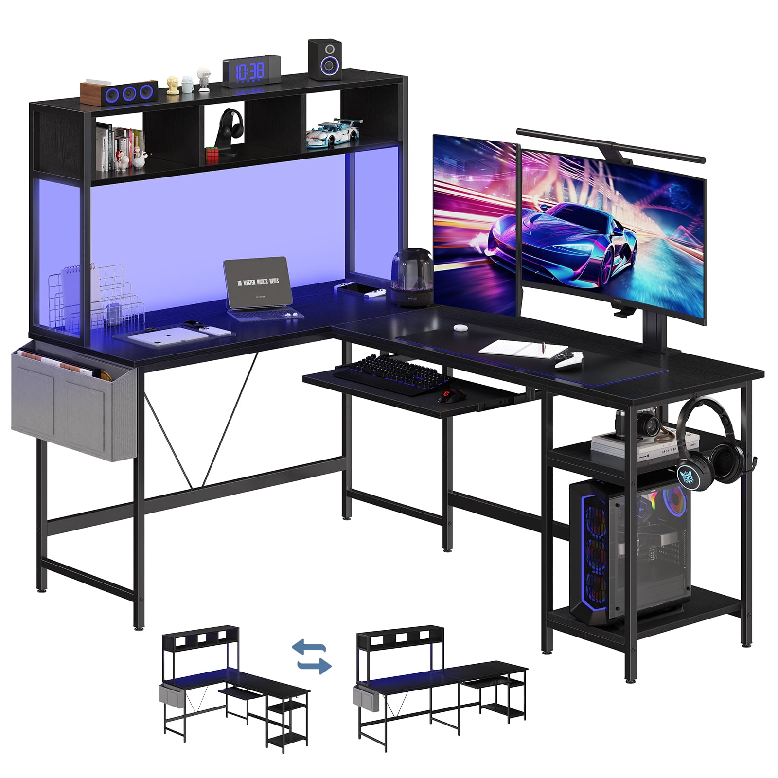 MCQ 94.5" Large L-Shaped Gaming Desk with LED Lights, Power Outlets, Drawer, Keyboard Tray & Hutch, Black
