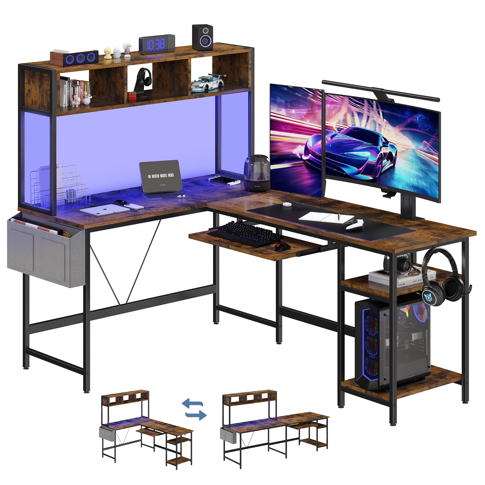 MCQ 94.5" Large L-Shaped Gaming Desk with LED Lights, Power Outlets, Drawer, Keyboard Tray & Hutch, Rust