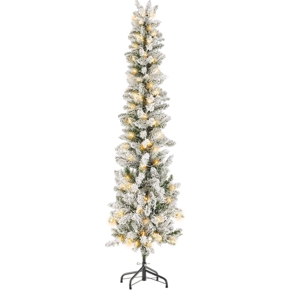 JIOABL 9FT Flocked Pencil Christmas Tree - Festive Pre-Lit Artificial Decor with Durable Metal Base and lighted