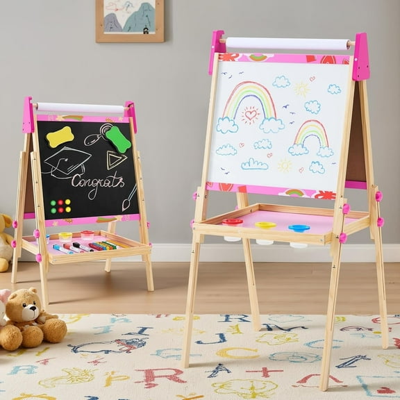 JIOABL Adjustable Height Kids Easel Set, Double-Sided Magnetic Chalkboard & Whiteboard with Paper Roll, Art Station for Ages 3+, Pink, Includes Accessories