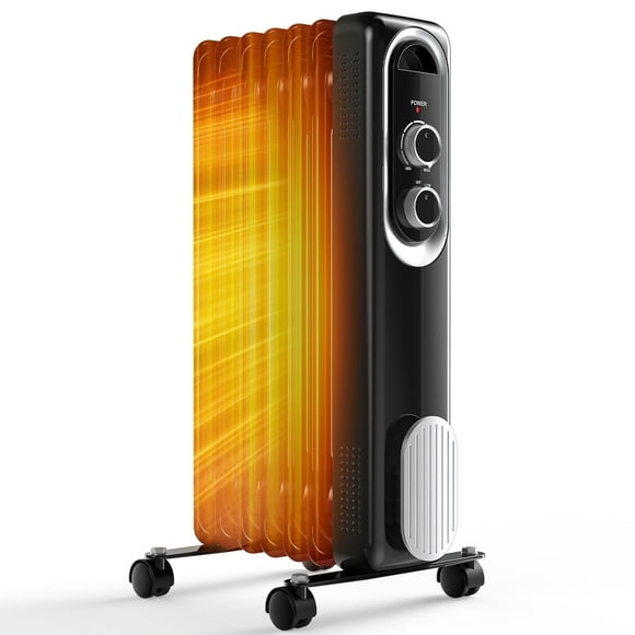 MCQ Basic Electric Oil Filled Radiator, Space Heater with Adjustable Thermostat for Office Bedroom Home, Black