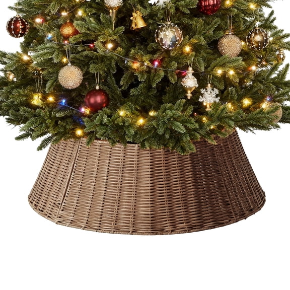 MCQ Christmas Tree Collar,Decorate a Christmas Toy House,Wicker Tree Collar for 9-26in Stands, 4-Piece Wicker Base Cover, Brown