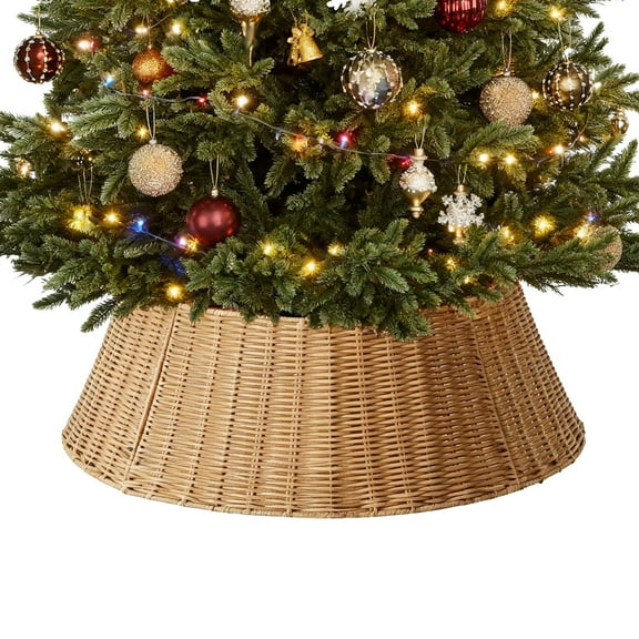 MCQ Christmas Tree Collar,Decorate a Christmas Toy House,Wicker Tree Collar for 9-26in Stands, 4-Piece Wicker Base Cover, Natural