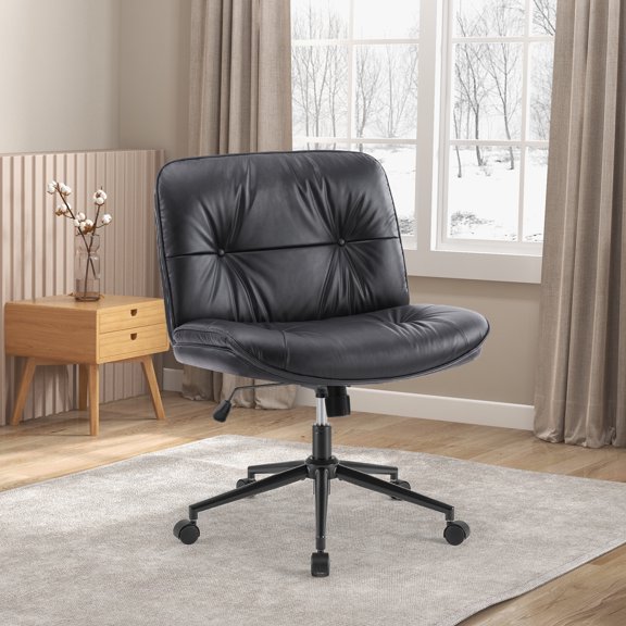 MCQ Comfy PU Leather Criss Cross Office Chair, Durable and Ergonomic Modern Vanity Chair for Home Office and Study, With Wheels, Black
