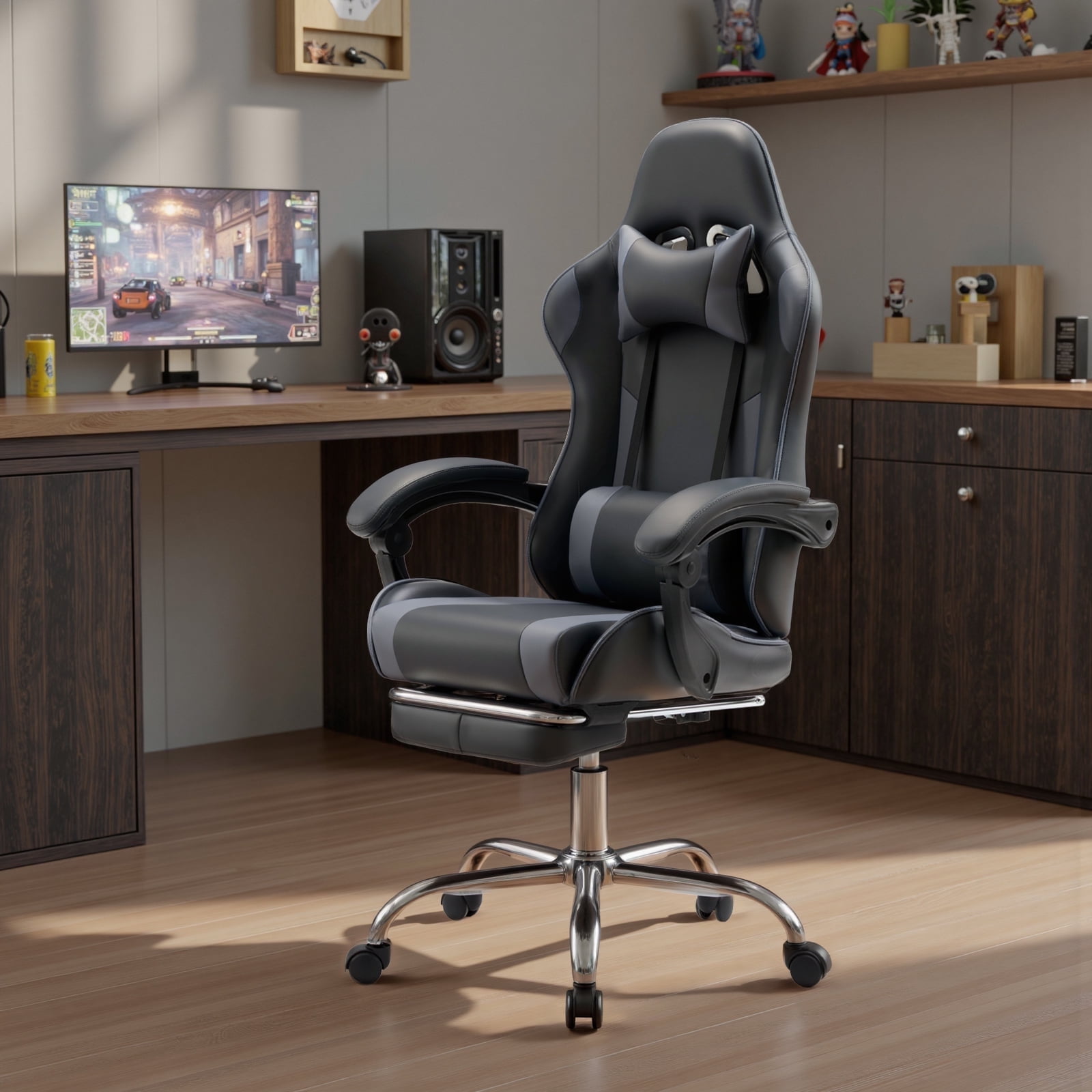 MCQ Computer Chair, Home Office Chair with Footrest and Lumbar Support for Office, Game Room, Black Gray