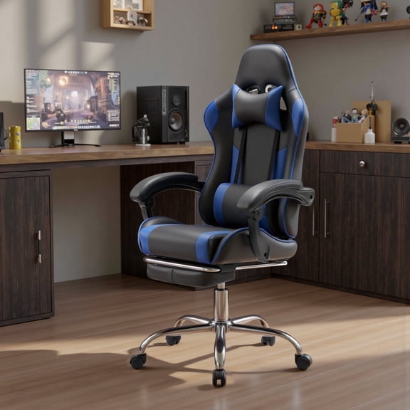 MCQ Computer Chair, Home Office Chair with Footrest and Lumbar Support for Office, Game Room, Black and Blue