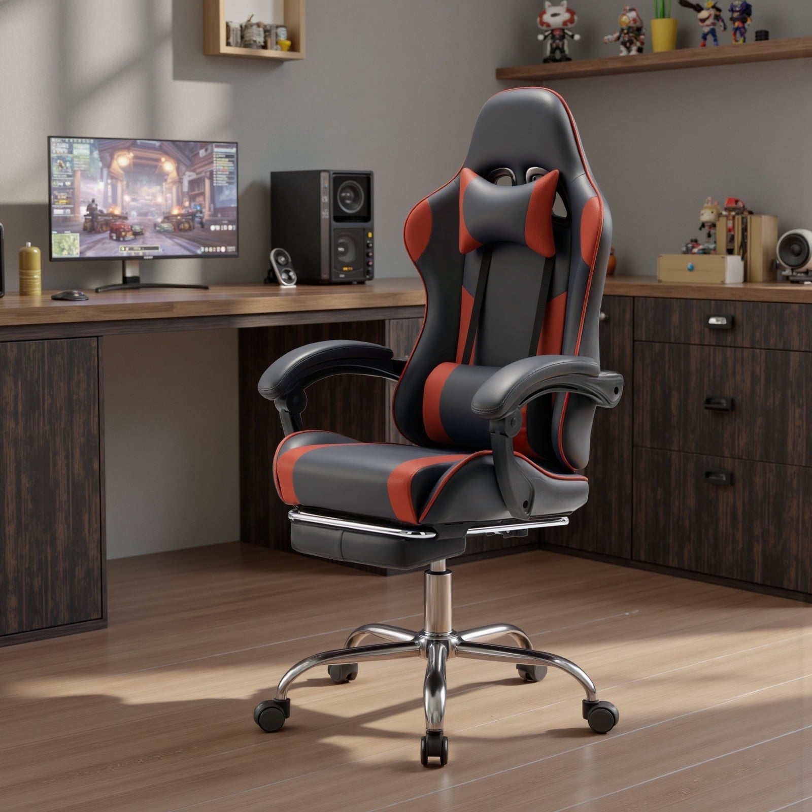 MCQ Computer Chair, Home Office Chair with Footrest and Lumbar Support for Office, Game Room, Black and Red