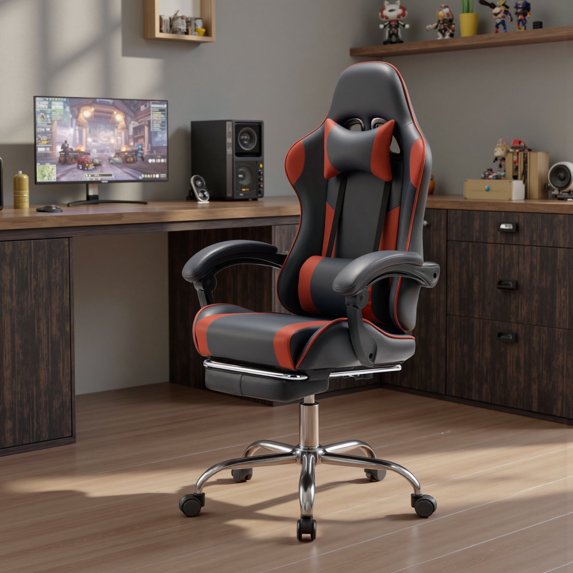 MCQ Computer Chair, Home Office Chair with Footrest and Lumbar Support for Office, Game Room, Black and Red