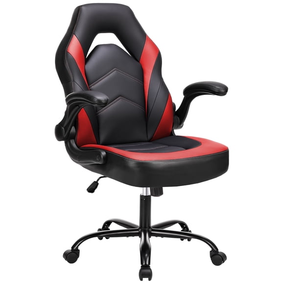 MCQ Computer Gaming Chair, Ergonomic Racing Chair with Flip-up Armrest, PU Leather, Black Red