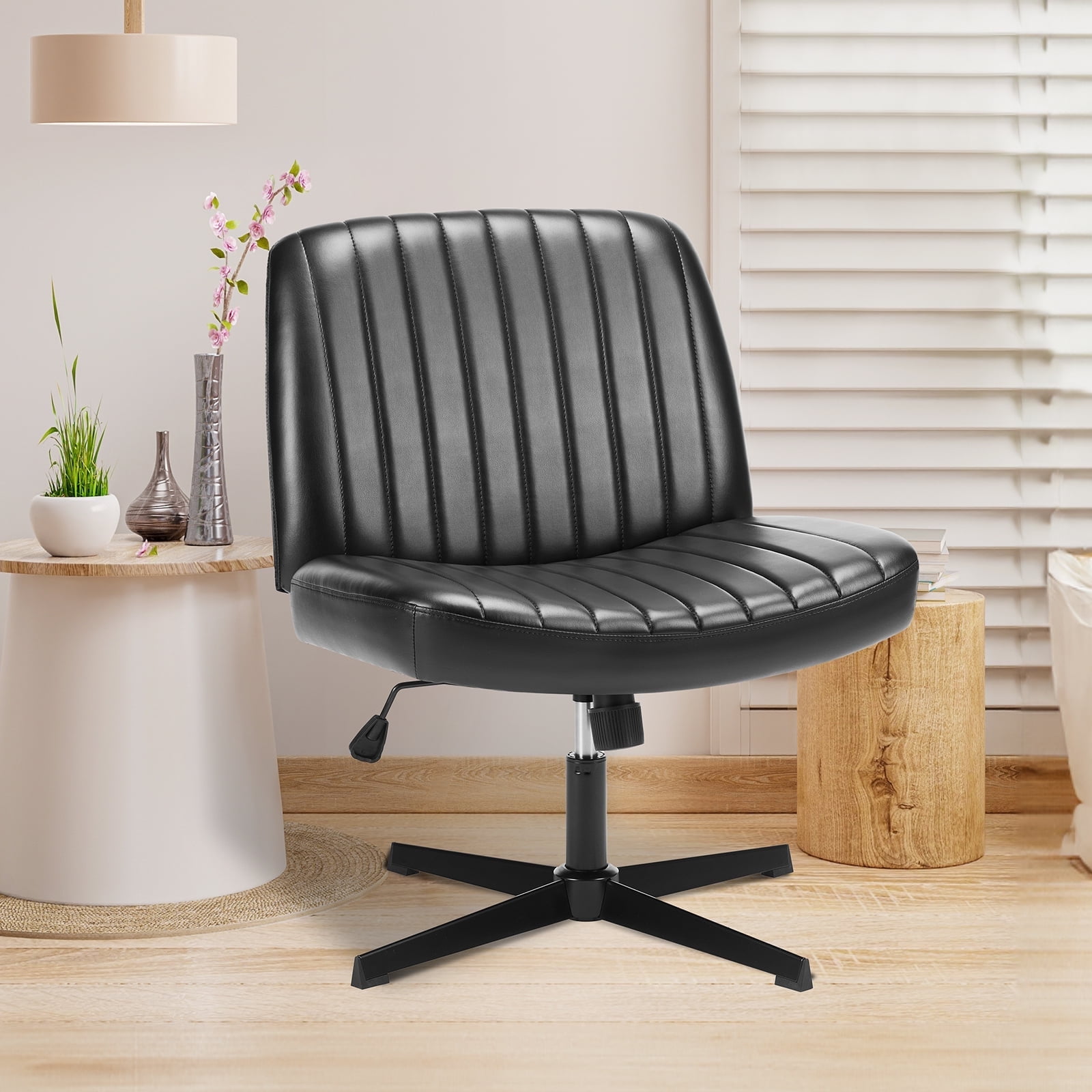 JIOABL Criss Cross Chair Armless Cross Legged Office Desk Chair Adjustable Swivel Ergonomic Desk Chair No Wheels U Shaped Backrest with Wide Seat Computer Task Vanity Chair for Home Office,PU Black