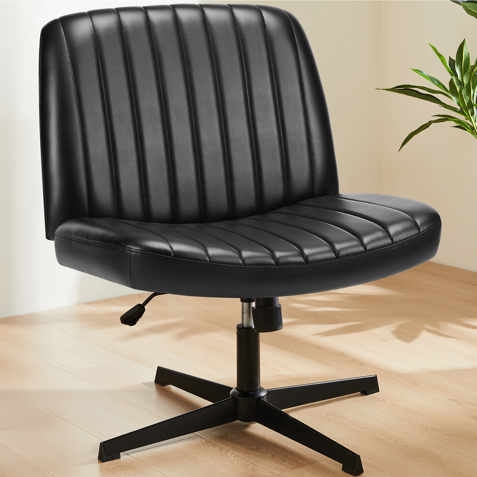 MCQ  Criss Cross Chair Legged Office Wide Comfy Desk Leather Seat, Armless Computer  Seating, Height Adjustable, for Family Bedroom, Black