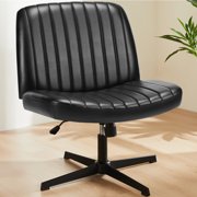 MCQ Criss Cross Chair Legged Office Wide Comfy Desk Leather Seat, Armless Computer Seating, Height Adjustable, for Family Bedroom, Black